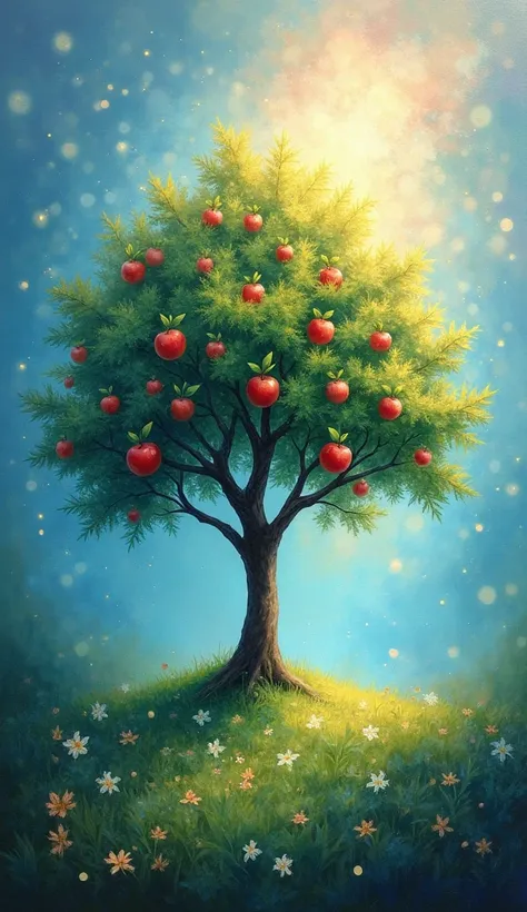 High-quality realistic acrylic art, vivid colors, (best quality, 4K, 8K, high-resolution, masterpiece), ultra-detailed, photorealistic,(Best Quality, masutepiece:1.3),Apple tree,soul card, Line, light Particle, No humans,