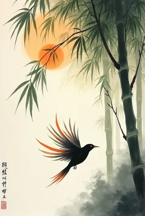 shukezouma, shuimobysim, ((starling)), willow branches, (masterpiece, best quality: 1.2), ((Traditional Chinese ink painting)), model style, bamboo branches, bamboo, wuchangshuo, red, orange, black, fire, starling, bird