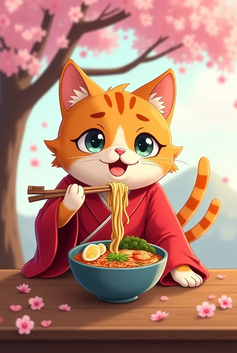 
Cartoon, cat humanoid, eating ramen, dressed in a red robe, under a cherry tree 