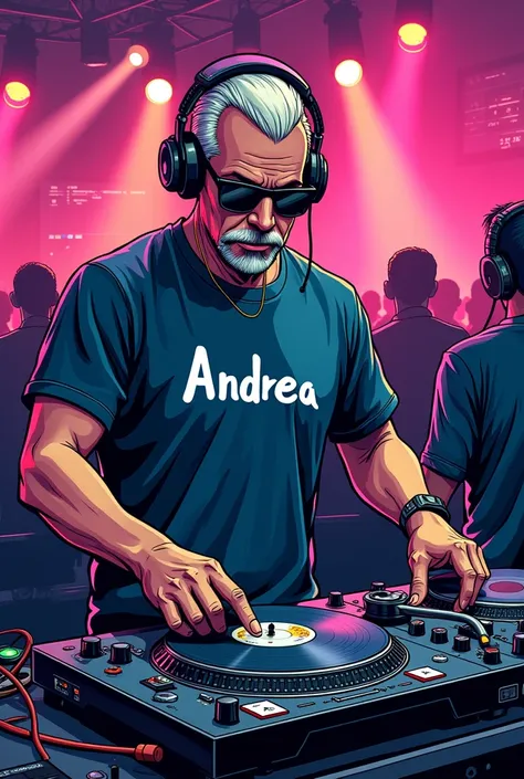 dj with t-shirt with inscription ANDREA, headphones, record player, records, techno, comic style, middle age, No beard, club, sunclasses,