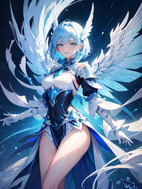 A blue and white ice knight with large wings, Ultra-detailed paintings by Muki, Deviantart Contest Winner, synchromism, Angular, Detailed, Androgynous