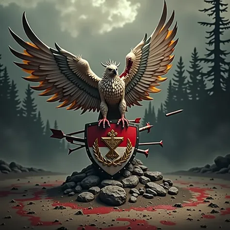 A realistic and dramatic scene of a Garuda perched on a shield embedded in the ground. The shield features the Garuda Pancasila emblem prominently in the center. The Garuda is wounded, with blood visible and arrows piercing its wings. The background is a b...