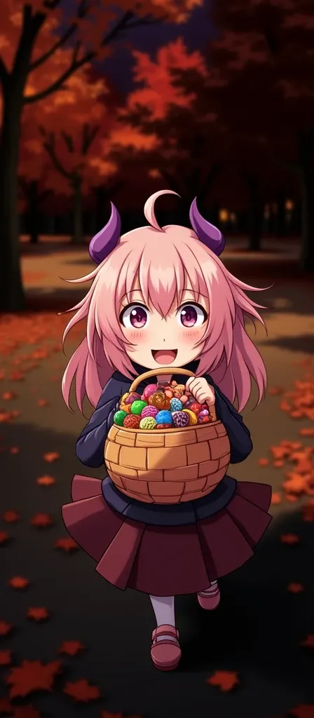 Zero Two carrying a pumpkin basket filled with candy. Trees in the background with fall leaves. 