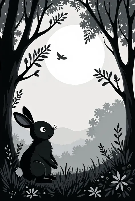 In the woods, a happy rabbit sitting looking at the moon, 2D black and white