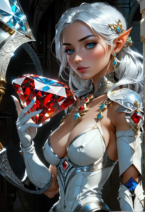 a fantasy epic illustration (Julie Bell style: 1.5)) of a drow elf thief holding a large diamond in a vault, a female drow  elf thief, full body, (small pointy ears), dynamic hair color, dynamic hair style,  ultra detailed face, wearing white leather leota...