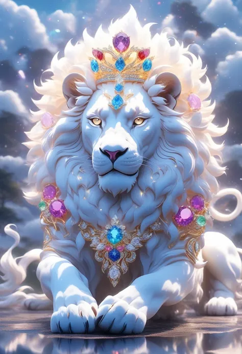 ultra realistic art，bj_sacred_beast，the white lion，adorable，opulent，Colourful gemstones sparkle，Jewelry shines，with light shining，bright diamond，Palacios