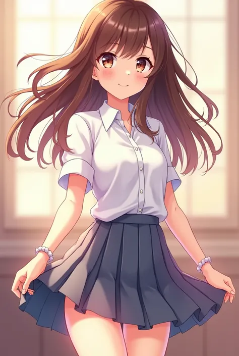 Brown haired anime girl in a miniskirt and button down shirt 