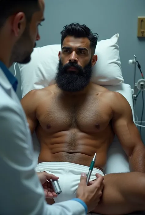 Strong, bearded mixed-race man in white underwear, with the underwear very low, being examined by a doctor.