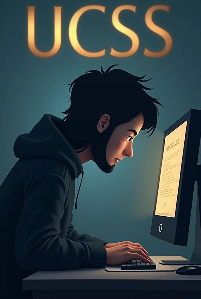 Anonymous animated person, his face is not seen, researching in front of the computer with the logo "UCSS" golden in color