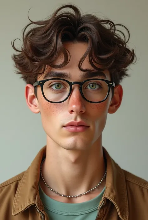 (photorealism:1.2)Chico, 20 years old light brown hair, disheveled, mod-cut Round almond-shaped eyes in light blue, long eyelashes and thin eyebrows. glasses.
nose respingada, thick and soft upper lip, straight white teeth, freckles on the cheekbones, nose...