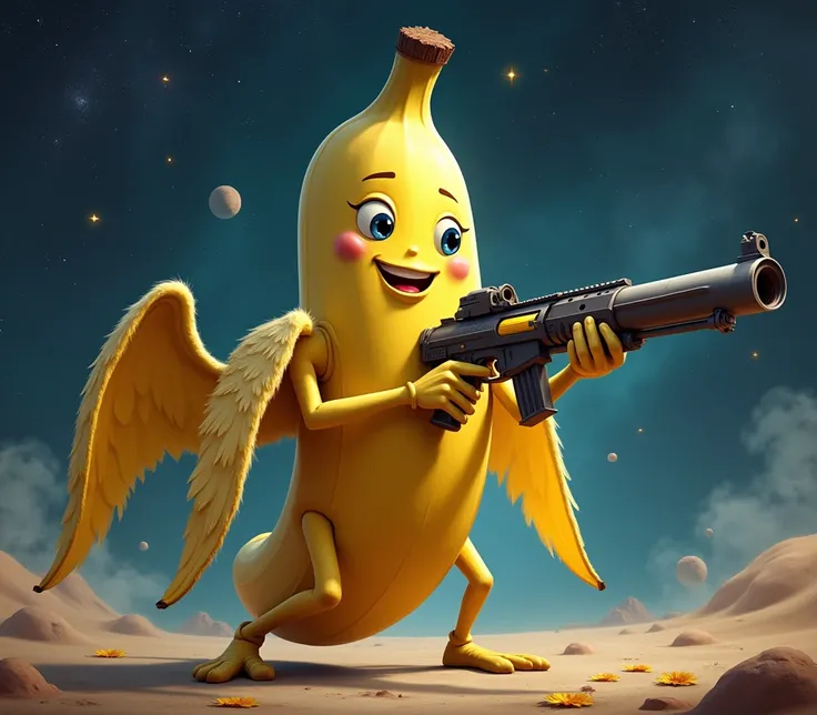 a human banana, with arms and feathers without wings smiling and aiming with a gun, space background