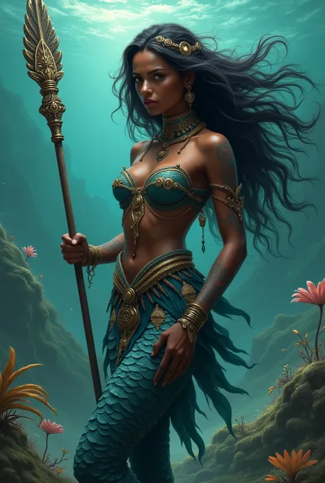 Mermaid Iara from Brazilian folklore, black indigenous warrior with the appearance of a spear in her hand