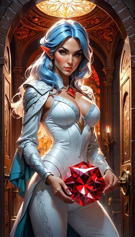 a fantasy epic illustration (Julie Bell style: 1.5)) of a drow elf thief holding a large diamond in a vault, a female drow  elf thief, full body, (small pointy ears), dynamic hair color, dynamic hair style,  ultra detailed face, wearing white leather leota...