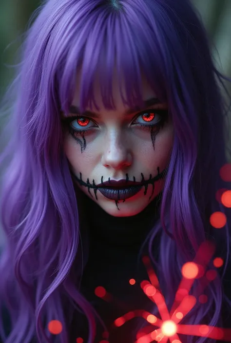 Woman Long purple hair Red pupils Black white Mexican la Caterina make-up that looks like the mouth is sewn shut Glowing sparks in the foreground
