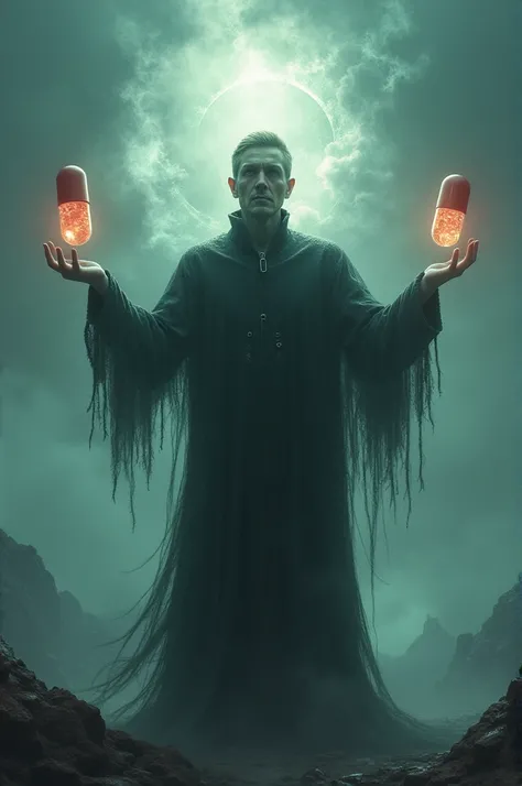 Create an image with size 9:16 of a character with arms stretched out to the sides with a Red pill in the left hand and a Blue pill in the right hand 