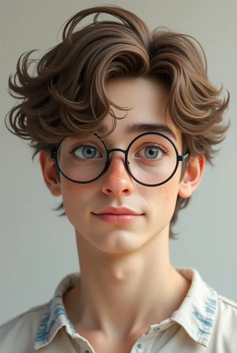 (photorealism:2.5) Pale boy, 20 years old light brown hair, disheveled, mod-cut Round almond-shaped eyes in light blue, long eyelashes and very thin eyebrows. glasses.
nose respingada, thick and soft upper lip, straight white teeth, freckles on the cheekbo...