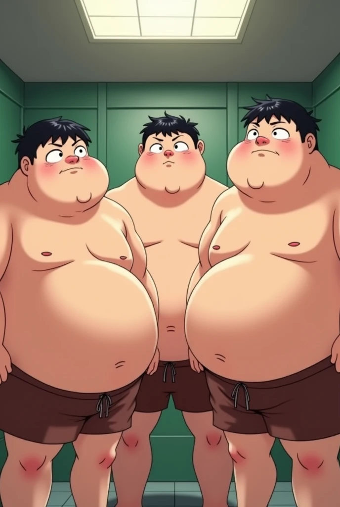 Japanese anime style, multiple male child, 12 year old, obese, shirtless, chubby, plump, brown shorts, (large paunches significantly hanging over the waistband), full blushed, standing in a changing room, sweating