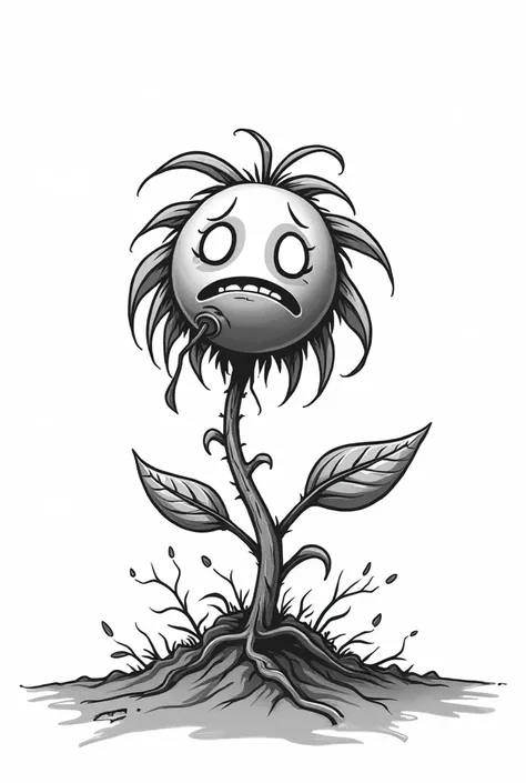 BLACK AND WHITE COMIC STYLE DRAWING OF A SICK AND SAD PLANT