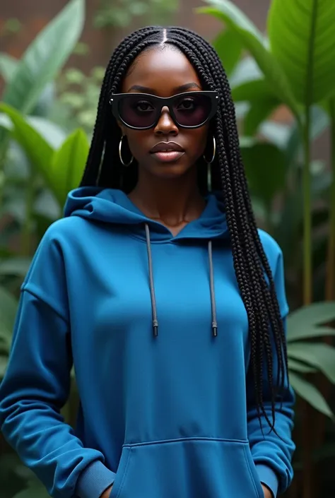 (photorealism:1.2), beautiful black African woman,22 years,sharp boobs,wearing a fitting blue hoodie,long braids,oversized photo chromatic glasses, standing , plants in background