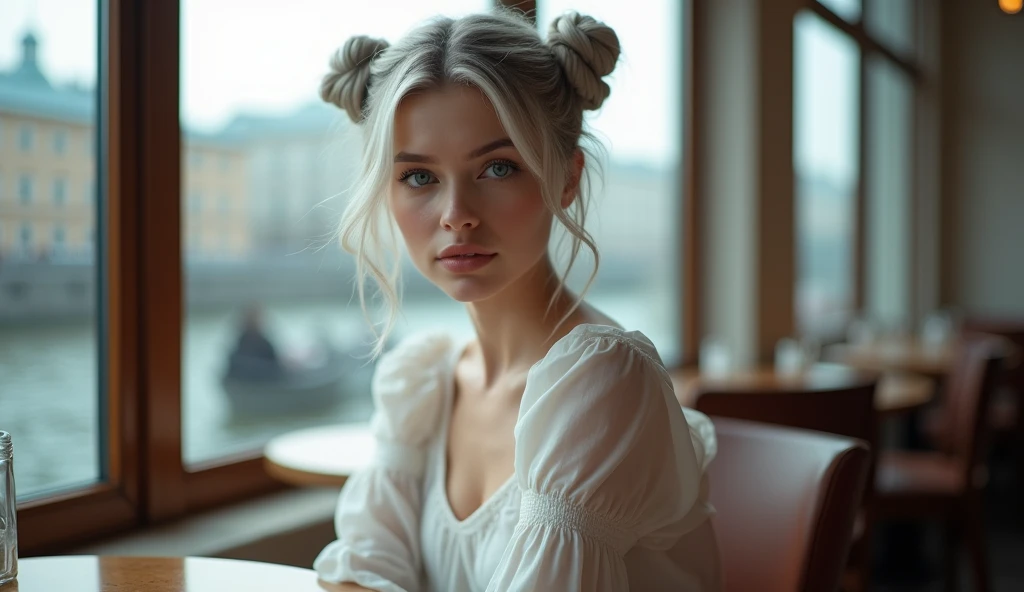 Beautiful girl with fair skin, 20 years, light gray hair gathered into two buns, Blue eyes, sits elegantly in a coffee shop, Sits up straight, look straight into the camera, in the background there is a large window with a view of St. Petersburg, realistic...