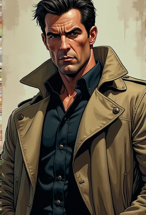 Close-up of man in trench coat and jeans, Official Character Art, Official character illustrations, Adam Hughes, Character Art Close-up, Female researchers, Qin-Ge Lei full body image, Detailed character art, Meticulous portraits of people, Comic cover art...