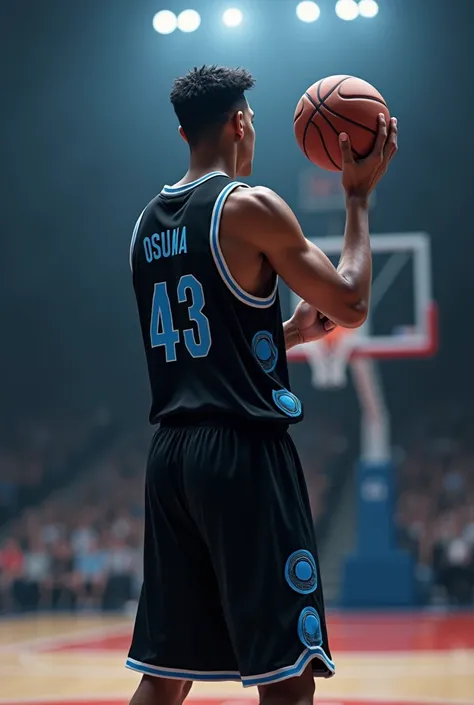 Young man turning his back, of some 23 years, with 1.93cm tall,  with black basketball jersey and details in the form of blue circles, with the number 43, Shooting a three-point shot from midcourt with the surname Osuna, combed back