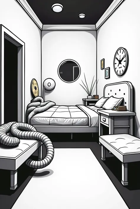 a room( room with bed, desk) in the style of black and white rubber hose cartoons 
