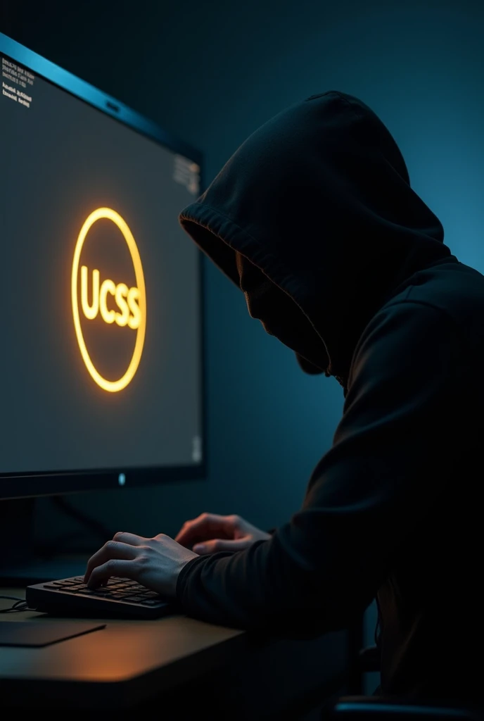 Anonymous person, his face is not seen, researching in front of the computer with the logo "UCSS" golden in color