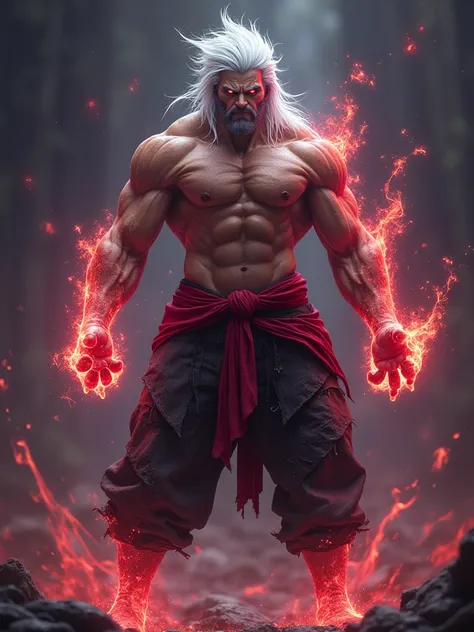 a powerful warrior character with spiky white hair and glowing eyes. The character should have a muscular, bare-chested upper body, wearing loose, tattered black pants held up by a red sash around the waist. Surround the warrior with a dark, purplish-red e...