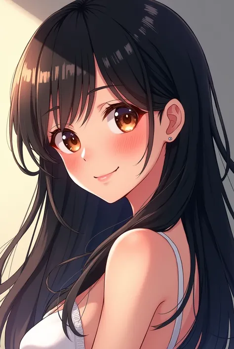 Anime An 31-year-old woman, with long black hair, round face, charming smile, and brown eyes. Desenho Pack