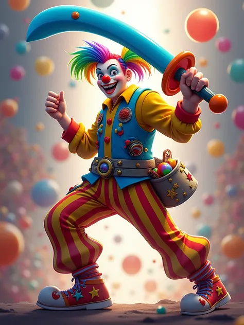 a dynamic and vividly colored character that combines the elements of a clown and a warrior. The character should have rainbow-colored hair tied back, wearing a yellow shirt with a blue vest adorned with various accessories like balloons. The character is ...