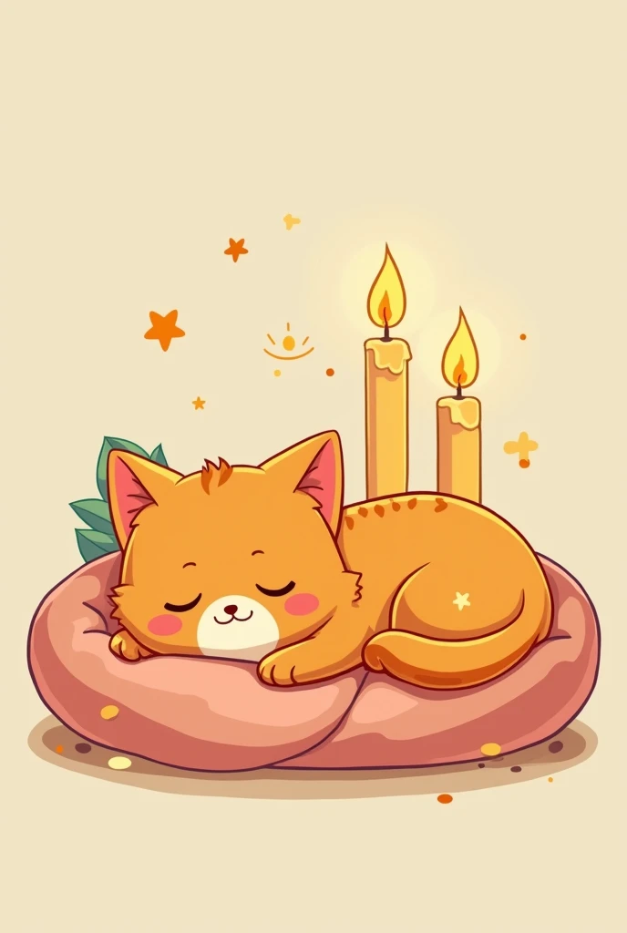 Create an illustration of my pet with a 2D animation style. He is taking a nap in his favorite spot next to candles, that the image is ideal for a logo for a candle business, The cat has to be orange and fluffy, that it has a more cartoonish style and the ...