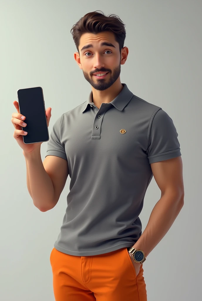 Royal young man leaning with one foot to the right, showing the screen of his cell phone, grey polo, orange pants, and showing his thumb up