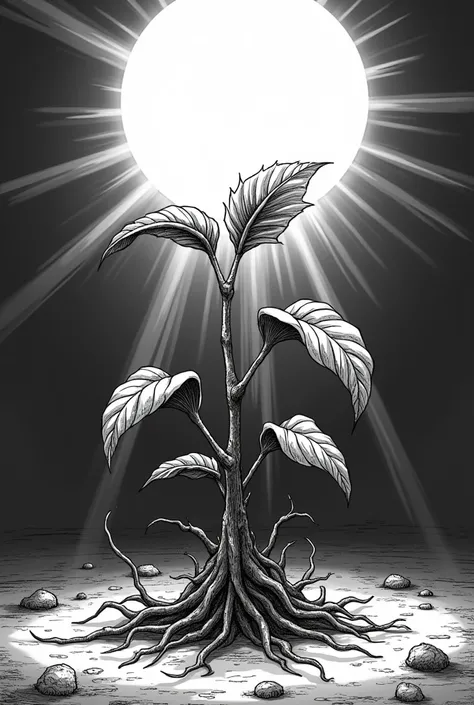 BLACK AND WHITE COMIC STYLE DRAWING OF A SICK PLANT FINDING THE SUN&#39;S RAYS THAT HELP IT CARRY OUT ITS PHOTOSYNTHESIS 