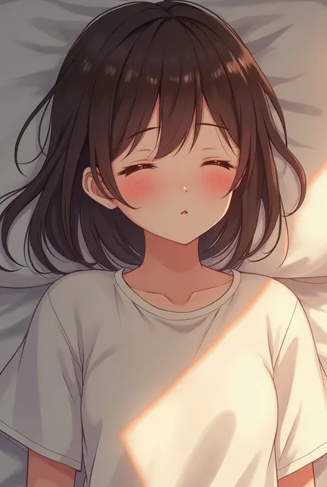 Brown haired anime girl in oversized t-shirt lying down blushing asleep 