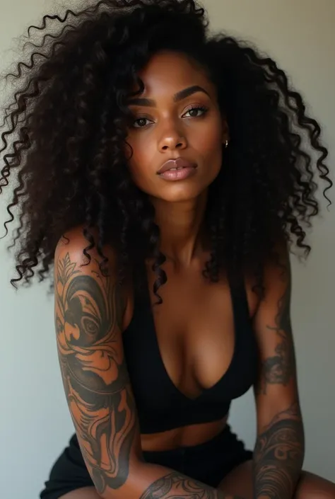 black woman with tattooed arm with minimalist tattoos all over her arm and curly hair 
