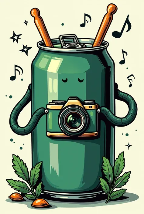 A dark green can logo, with a comic style, bottomless, Put a logo on the can that features a camera and some drumsticks and percussion instruments 