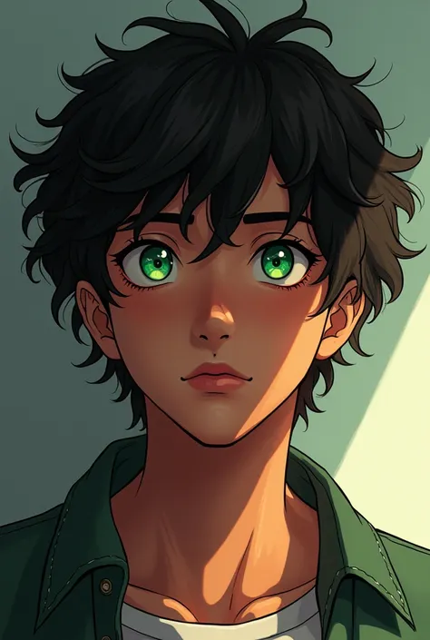 male teenager, American curly cut hair,greeneyes,アニメ,dark black skin american cut 