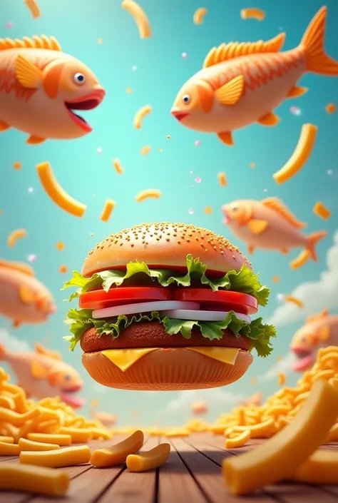 Create a picture in the middle there should be space for a logo around the outside there should be fish sandwiches with fries flying around fishburger only with salad not kind without fish fins!  and onions and tomatoes 