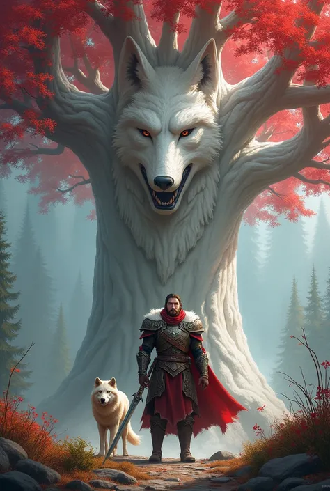 A warrior holding his sword, next to his wolf, under a white-trunked tree with a carved face, and red leaves 