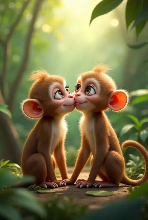 A MONKEY GIVING A KISS TO ANOTHER MONKEY 

