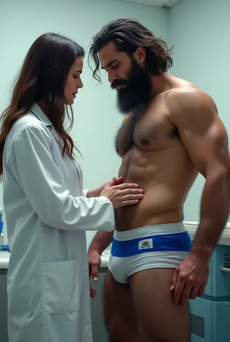 Female doctor examining the groin of a strong, hairy, bearded man wearing only underwear with the Nicaraguan flag on it.