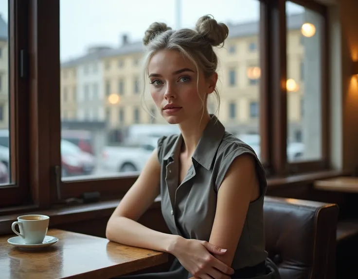 Beautiful girl with fair skin, 20 years, light gray hair gathered into two buns, Blue eyes, sits elegantly in a coffee shop, Sits up straight, Look directly into the camera, in the background there is a large window with a view of St. Petersburg, Really, P...