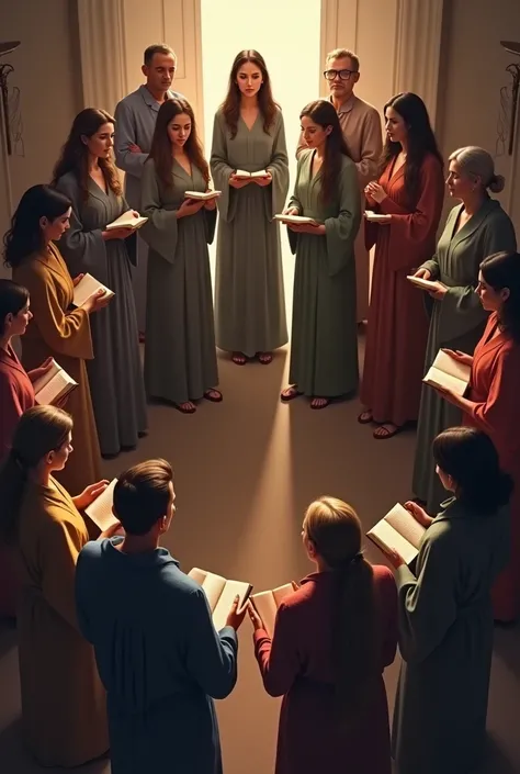 A group of twelve people of varying ages, ethnicities and genders, gathered in a circle, with bibles in their hands. These people have their heads down, like someone who is praying. The environment they are in is a small, simple church..