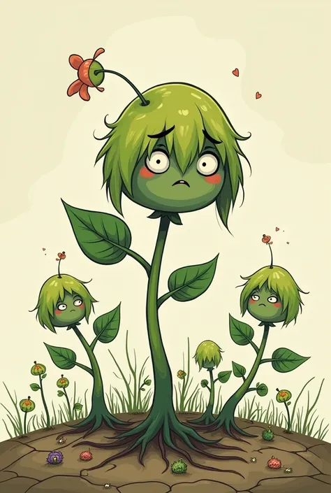 DRAW A CARTOON WITH VARIOUS SCENES OF A SICK AND SAD PLANT