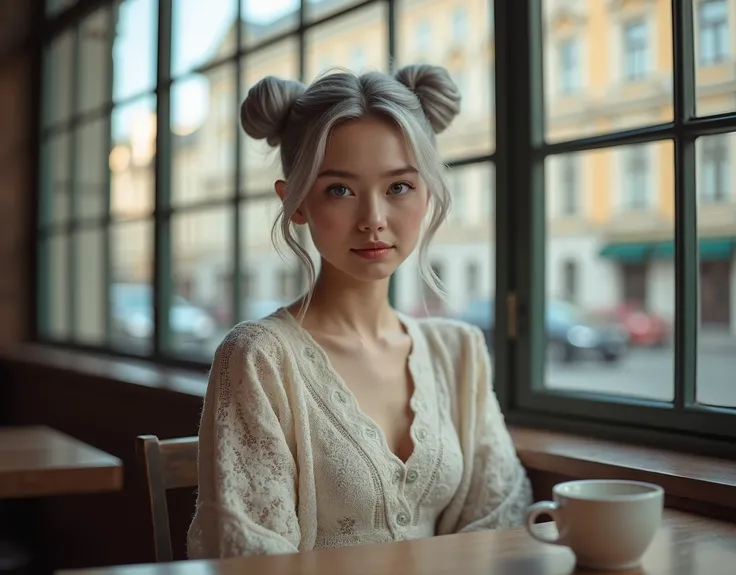 Beautiful girl with fair skin, 20 years, light gray hair gathered into two buns, Blue eyes, sits elegantly in a coffee shop, Sits up straight, Look directly into the camera, in the background there is a large window with a view of St. Petersburg, Really, P...