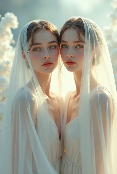 Heavenly women  
With doe-like eyes,  
A body white and radiant,  
Fully covered, wearing a white veil.  
Their legs visible in white beneath the silk,  
Ruby-like lips,  
Smiling.