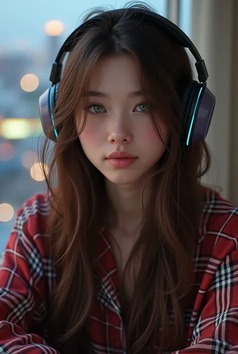 masterpiece, HDR, 4K, 8k, masterpiece, best quality, 1girl, masterpiece, best quality, 1girl, visage maigre, brown-hair, Detailed face + yeux verts, mediuml breasts, closed mouth, regardant le spectateur, Longhaire, gaming headphones, pyjama à carreaux, ba...