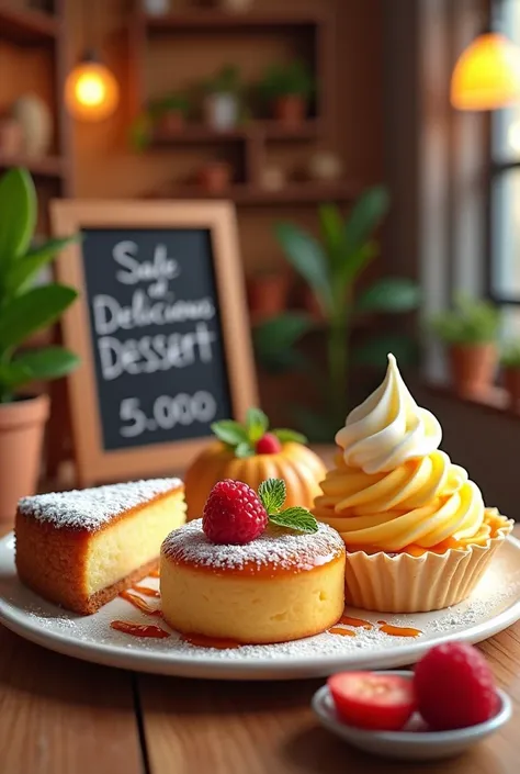 A promotional image of desserts that include three milks, café, lemon and coconut that has as text sale of delicious desserts at 5.000
