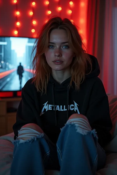 (photorealism:1.2), attractive Scandinavian woman in her mid-30s with loose, wavy shoulder length auburn hair with a few small, scattered braids hanging along the center part in her hair wearing a baggy, black Metallica hoodie and cool, tattered blue jeans...